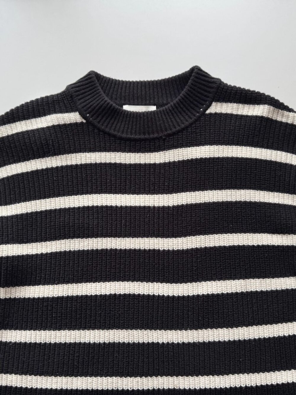 H&M Black Ivory Striped Cotton Chunky Rib Knit Crew Neck Loose Sweater, Size S - Picture 8 of 12